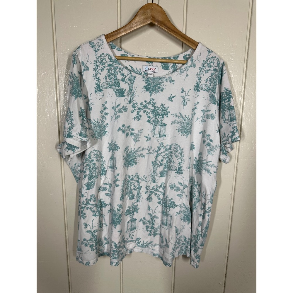 Denim & Co Top Womens 3X White Green Toile Print Scoop Neck Short Sleeve T-Shirt